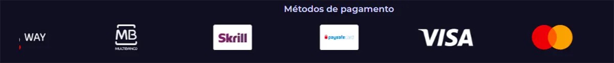 Payment methods section showing MB Way, Multibanco, Skrill, Paysafecard, Visa, and Mastercard on a dark blue background with the heading “Métodos de pagamento.”