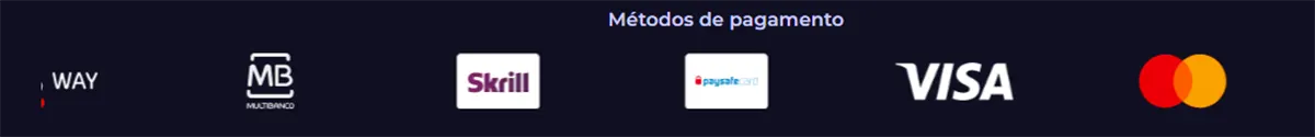 Payment methods section showing MB Way, Multibanco, Skrill, Paysafecard, Visa, and Mastercard on a dark blue background with the heading “Métodos de pagamento.”