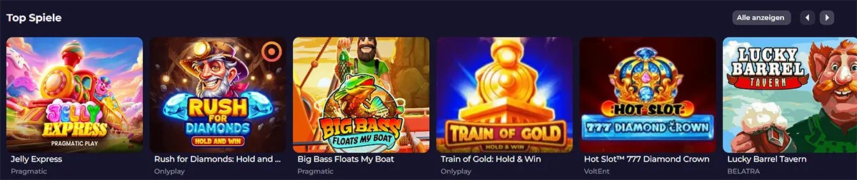 Top games section with colorful slot thumbnails including Jelly Express, Rush for Diamonds, Big Bass Floats My Boat, Train of Gold, Hot Slot 777 Diamond Crown, and Lucky Barrel Tavern, plus an “Alle anzeigen” button on a dark casino interface.