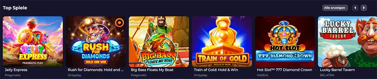 Top games section with colorful slot thumbnails including Jelly Express, Rush for Diamonds, Big Bass Floats My Boat, Train of Gold, Hot Slot 777 Diamond Crown, and Lucky Barrel Tavern, plus an “Alle anzeigen” button on a dark casino interface.