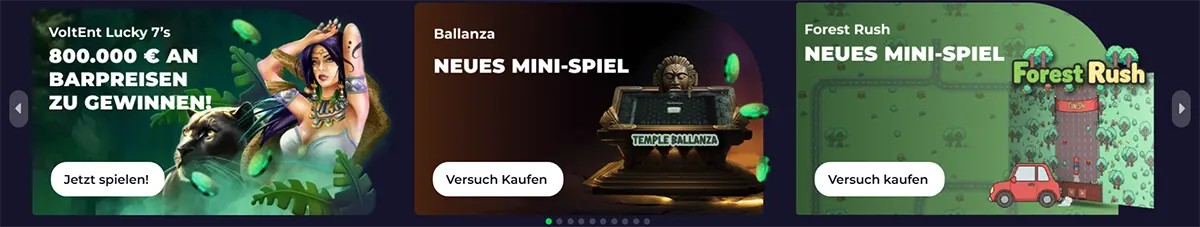 German casino promo banners featuring a Lucky 7’s prize giveaway, the Ballanza mini-game, and the Forest Rush mini-game, each with white call-to-action buttons on a dark gaming interface.