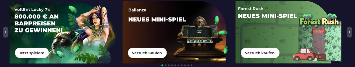 German casino promo banners featuring a Lucky 7’s prize giveaway, the Ballanza mini-game, and the Forest Rush mini-game, each with white call-to-action buttons on a dark gaming interface.