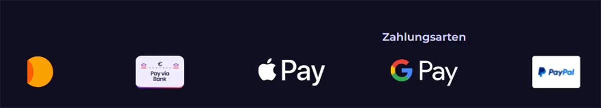 Payment methods section showing Pay via Bank, Apple Pay, Google Pay, and PayPal on a dark blue background with the heading “Zahlungsarten.”