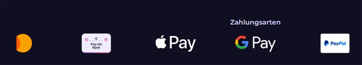 Payment methods section showing Pay via Bank, Apple Pay, Google Pay, and PayPal on a dark blue background with the heading “Zahlungsarten.”