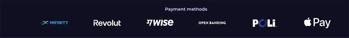 Payment methods row displaying MiFinity, Revolut, Wise, Open Banking, POLi, and Apple Pay logos on a dark blue background.