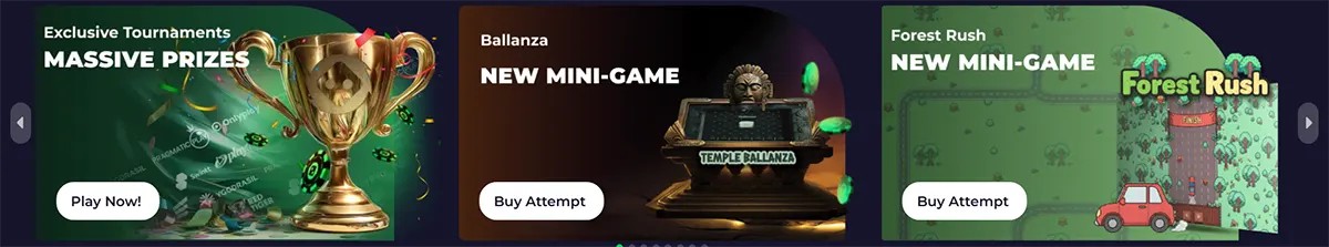 Casino promo banners featuring exclusive tournaments with massive prizes, the Ballanza mini-game, and the Forest Rush mini-game, each with white call-to-action buttons on a dark gaming interface.