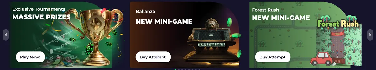 Casino promo banners featuring exclusive tournaments with massive prizes, the Ballanza mini-game, and the Forest Rush mini-game, each with white call-to-action buttons on a dark gaming interface.
