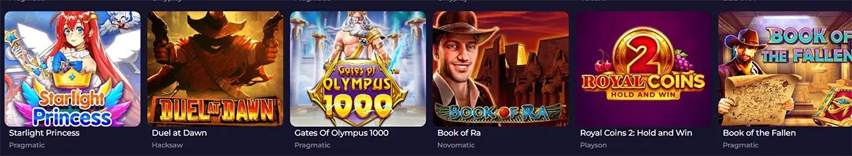 Top games row featuring Starlight Princess, Duel at Dawn, Gates of Olympus 1000, Book of Ra, Royal Coins 2: Hold and Win, and Book of the Fallen on a dark casino interface.