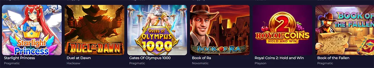 Top games row featuring Starlight Princess, Duel at Dawn, Gates of Olympus 1000, Book of Ra, Royal Coins 2: Hold and Win, and Book of the Fallen on a dark casino interface.