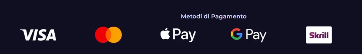 Payment methods section showing Visa, Mastercard, Apple Pay, Google Pay, and Skrill on a dark blue background with the heading “Metodi di Pagamento.”