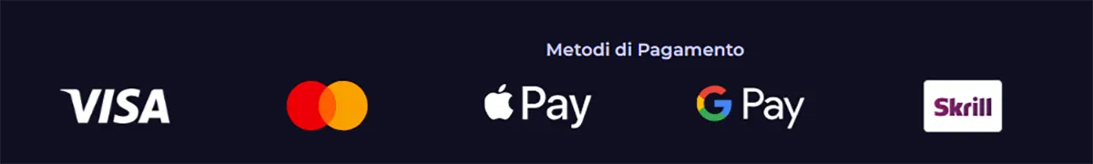 Payment methods section showing Visa, Mastercard, Apple Pay, Google Pay, and Skrill on a dark blue background with the heading “Metodi di Pagamento.”