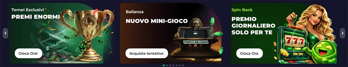 Italian casino promo banners featuring exclusive tournaments with huge prizes, the Ballanza mini-game, and a Spin Back daily reward offer, each with white call-to-action buttons on a dark gaming interface.