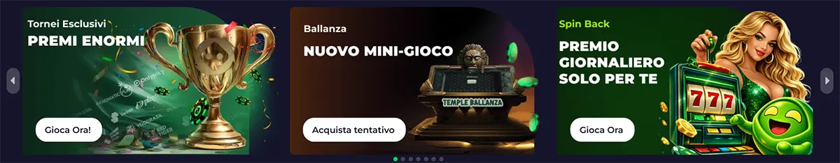 Italian casino promo banners featuring exclusive tournaments with huge prizes, the Ballanza mini-game, and a Spin Back daily reward offer, each with white call-to-action buttons on a dark gaming interface.