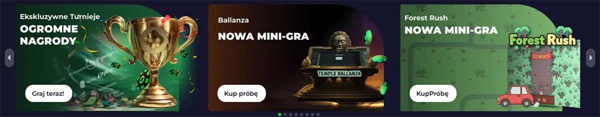 Polish casino promo banners featuring exclusive tournaments with huge prizes, the Ballanza mini-game, and the Forest Rush mini-game, each with white call-to-action buttons on a dark gaming interface.