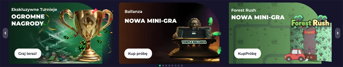 Polish casino promo banners featuring exclusive tournaments with huge prizes, the Ballanza mini-game, and the Forest Rush mini-game, each with white call-to-action buttons on a dark gaming interface.