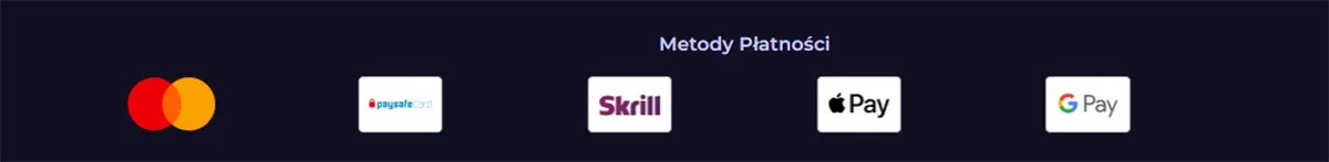 Payment methods section showing Mastercard, Paysafecard, Skrill, Apple Pay, and Google Pay on a dark blue background with the heading “Metody Płatności.”