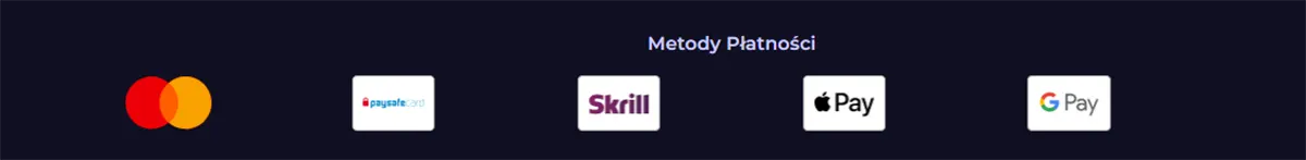 Payment methods section showing Mastercard, Paysafecard, Skrill, Apple Pay, and Google Pay on a dark blue background with the heading “Metody Płatności.”