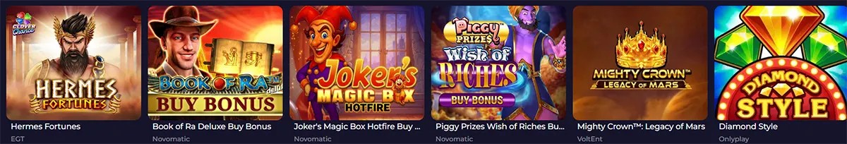 Bonus buy slot games row featuring Hermes Fortunes, Book of Ra Deluxe Buy Bonus, Joker’s Magic Box Hotfire, Piggy Prizes Wish of Riches Buy Bonus, Mighty Crown: Legacy of Mars, and Diamond Style on a dark casino interface.