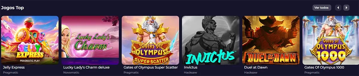 Top games section with colorful slot thumbnails including Jelly Express, Lucky Lady’s Charm Deluxe, Gates of Olympus Super Scatter, Invictus, Duel at Dawn, and Gates of Olympus 1000, plus a “Ver todos” button on a dark casino interface.