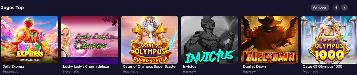 Top games section with colorful slot thumbnails including Jelly Express, Lucky Lady’s Charm Deluxe, Gates of Olympus Super Scatter, Invictus, Duel at Dawn, and Gates of Olympus 1000, plus a “Ver todos” button on a dark casino interface.