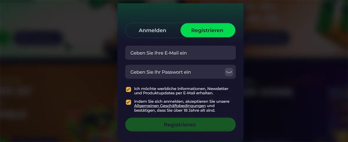 German casino registration modal with sign-in and register tabs, email and password fields, consent checkboxes, and a green registration button on a dark blurred background.