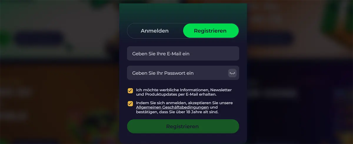 German casino registration modal with sign-in and register tabs, email and password fields, consent checkboxes, and a green registration button on a dark blurred background.