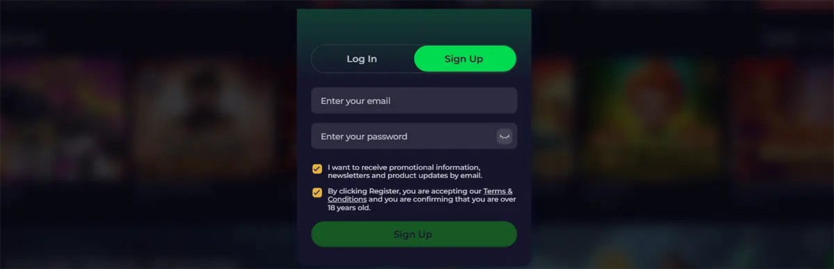 Casino sign-up modal with log in and sign up tabs, email and password fields, consent checkboxes, and a green sign-up button on a dark blurred background.
