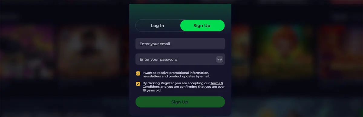 Casino sign-up modal with log in and sign up tabs, email and password fields, consent checkboxes, and a green sign-up button on a dark blurred background.