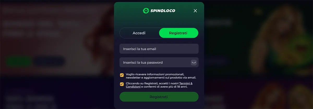 Spinoloco registration popup with login and sign-up tabs, email and password fields, consent checkboxes, and a green registration button on a dark blurred casino background.