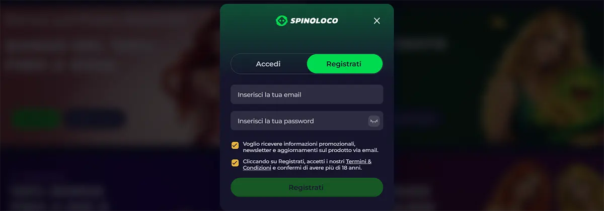 Spinoloco registration popup with login and sign-up tabs, email and password fields, consent checkboxes, and a green registration button on a dark blurred casino background.