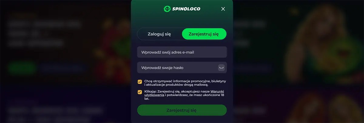 Spinoloco registration popup with login and sign-up tabs, email and password fields, consent checkboxes, and a green registration button on a dark blurred casino background.