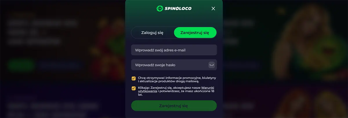 Spinoloco registration popup with login and sign-up tabs, email and password fields, consent checkboxes, and a green registration button on a dark blurred casino background.