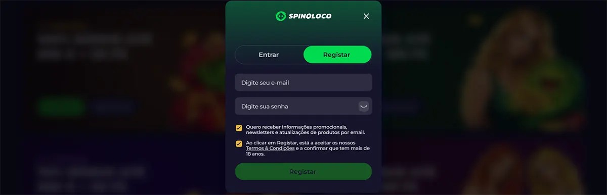 Spinoloco registration popup with sign-in and register tabs, email and password fields, consent checkboxes, and a green register button on a dark blurred casino background.