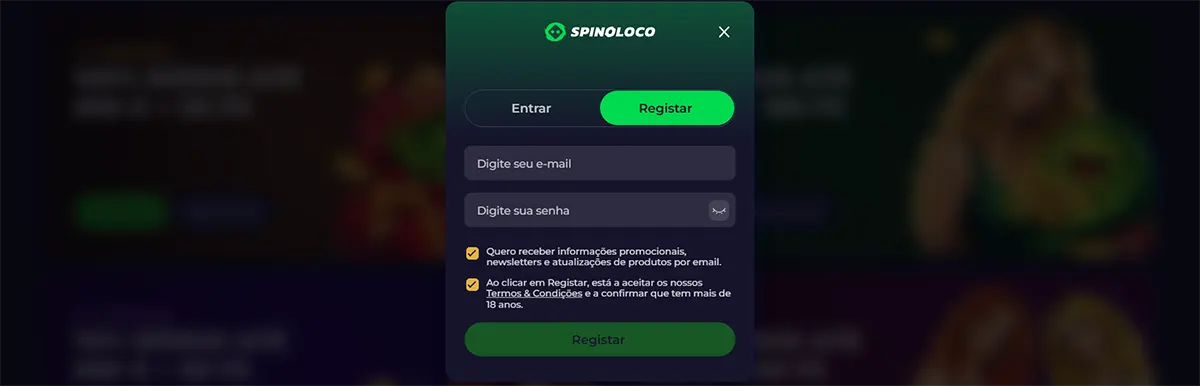 Spinoloco registration popup with sign-in and register tabs, email and password fields, consent checkboxes, and a green register button on a dark blurred casino background.